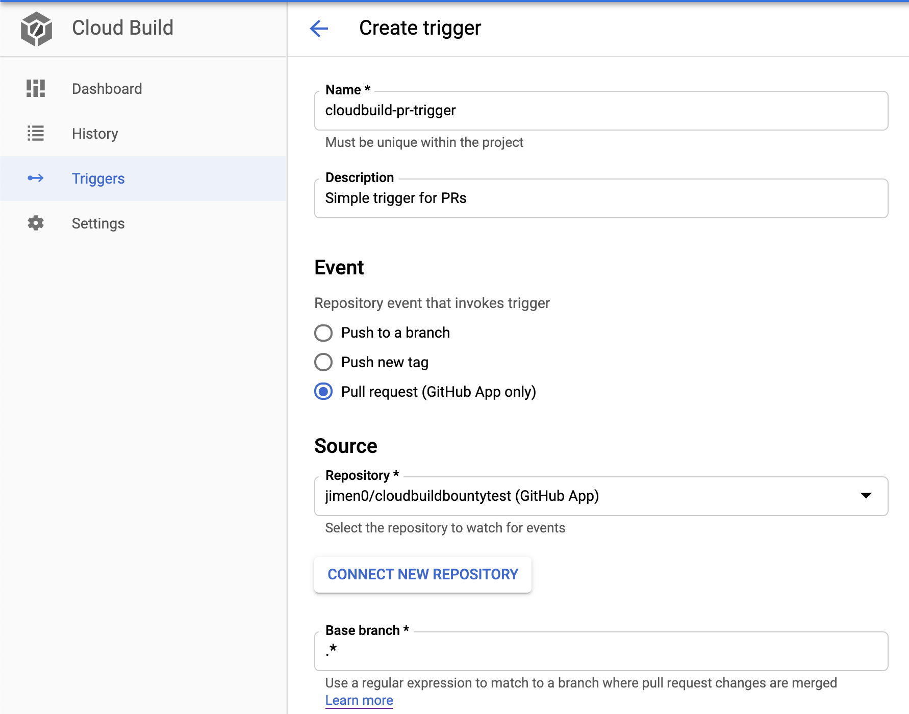 Cloud Build trigger creation